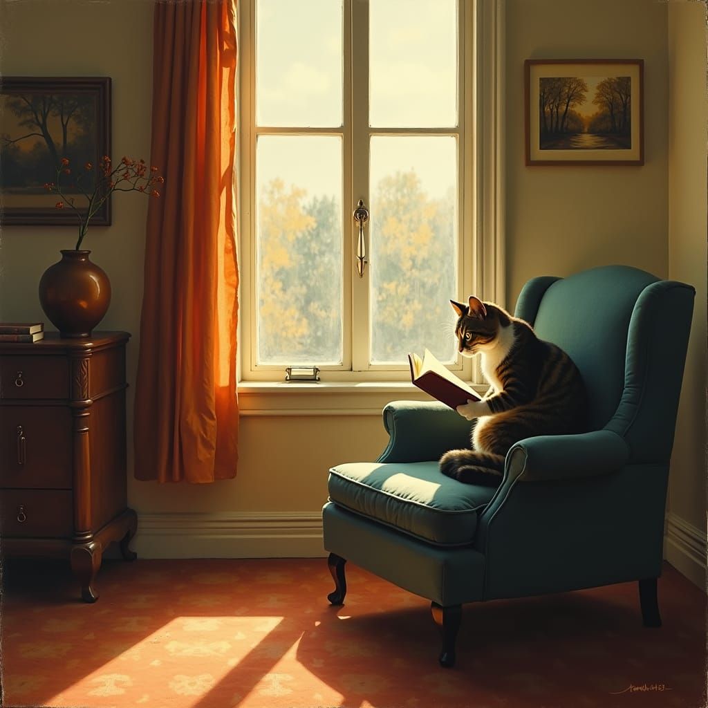 Art by Edward Hopper, contemplative moment, cat reading a bo...