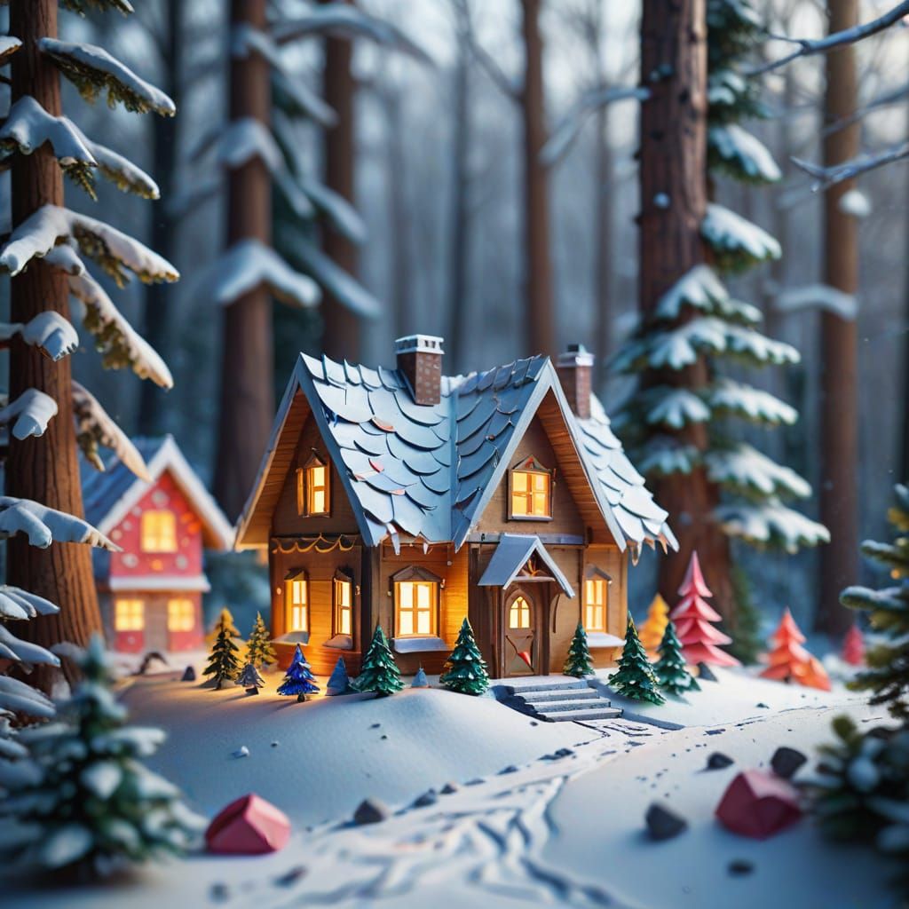Whimsical Papercraft Wooden House in Winter Wonderland