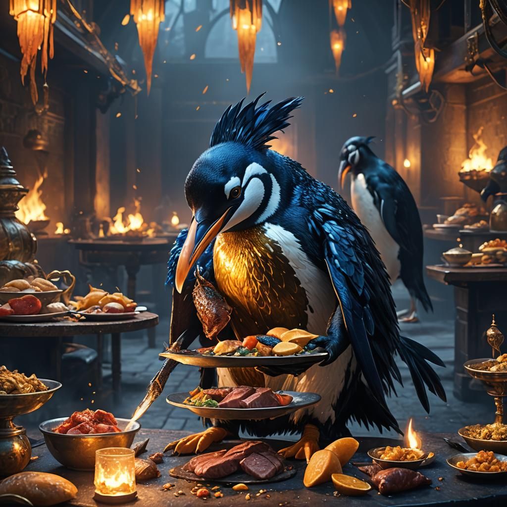 Steak-Costumed Penguin Feast: Fantasy Concept Art