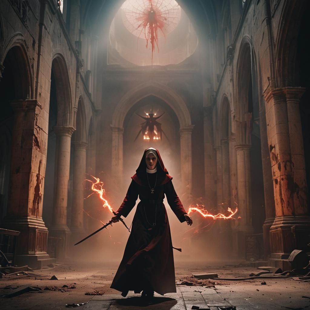 Nun Versus Demon in Abandoned Cathedral: Cinematic Still