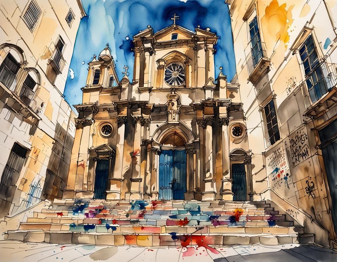 St John's Co-Cathedral: Graffiti Art in Watercolor Style