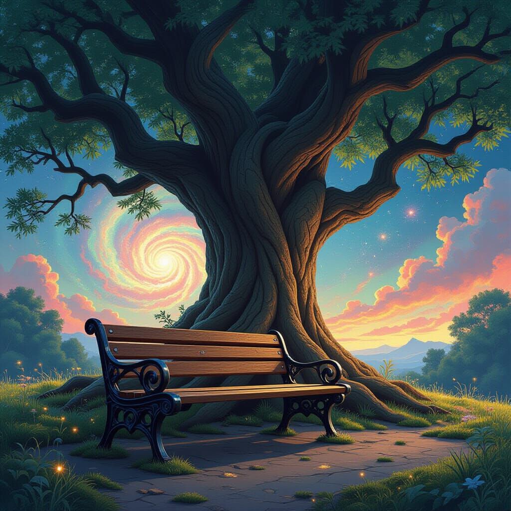 Nebula Sky Over Ancient Tree and Park Bench