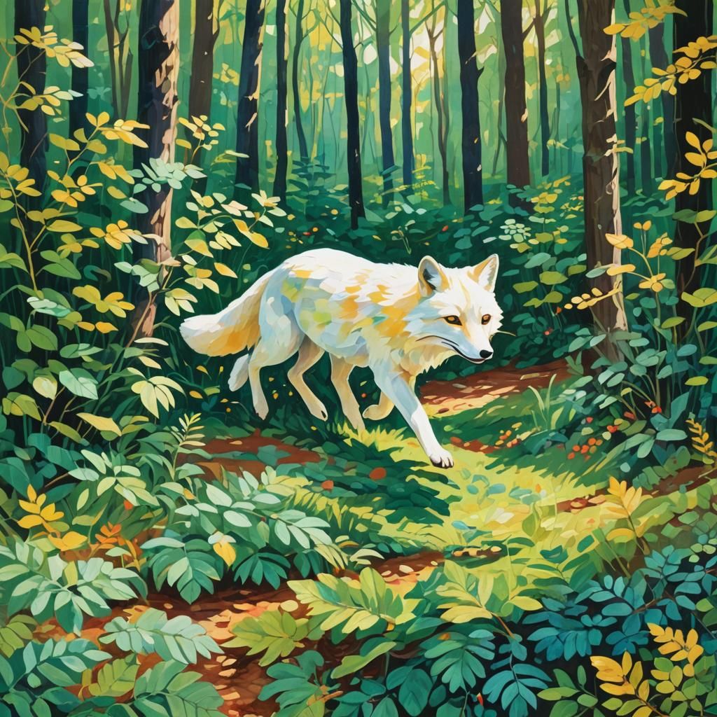 White Fox Running in Forest as Gouache Painting