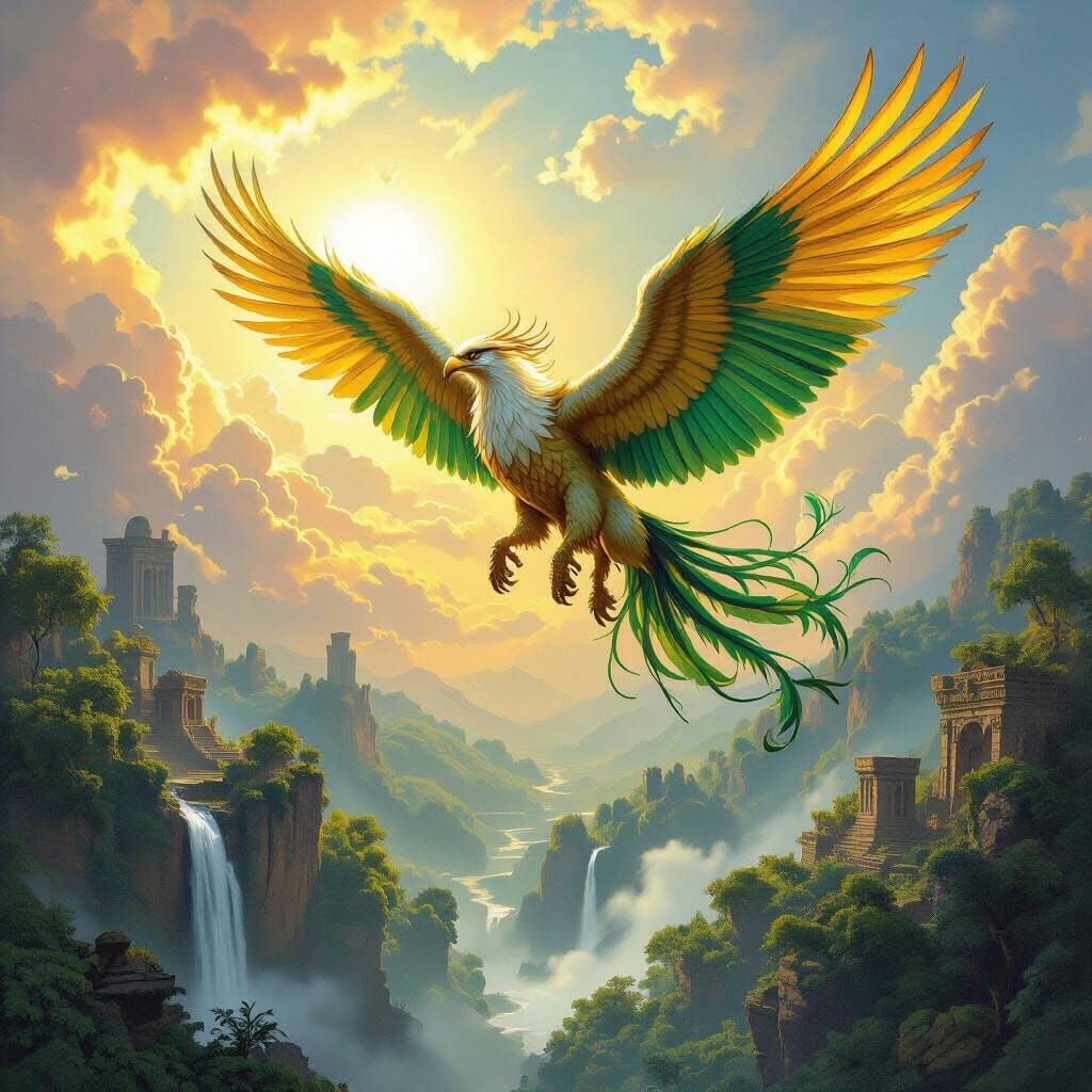 Griffin Soaring Above Ancient Forest, Fantasy Art