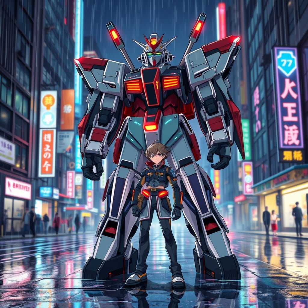 Futuristic Mecha in Neon City, Anime Style