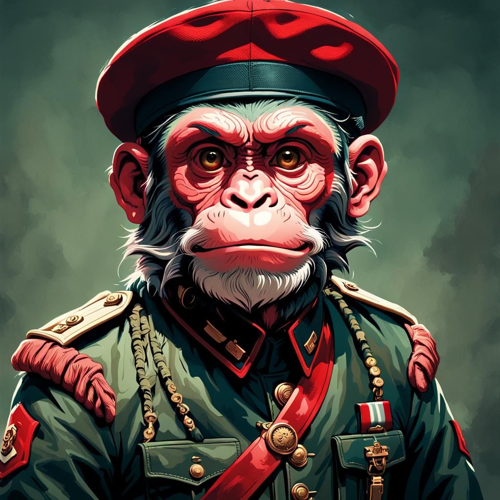 stunning image of a  monkey dressed in camouflaged  military uniform and red beret, french basque and mustache, moody, g...
