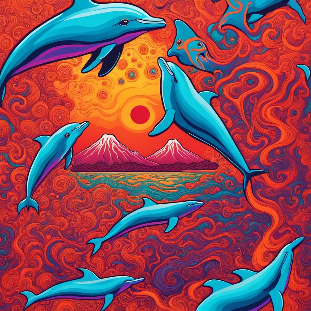 Psychedelic Volcano with Dolphins in Abstract Art