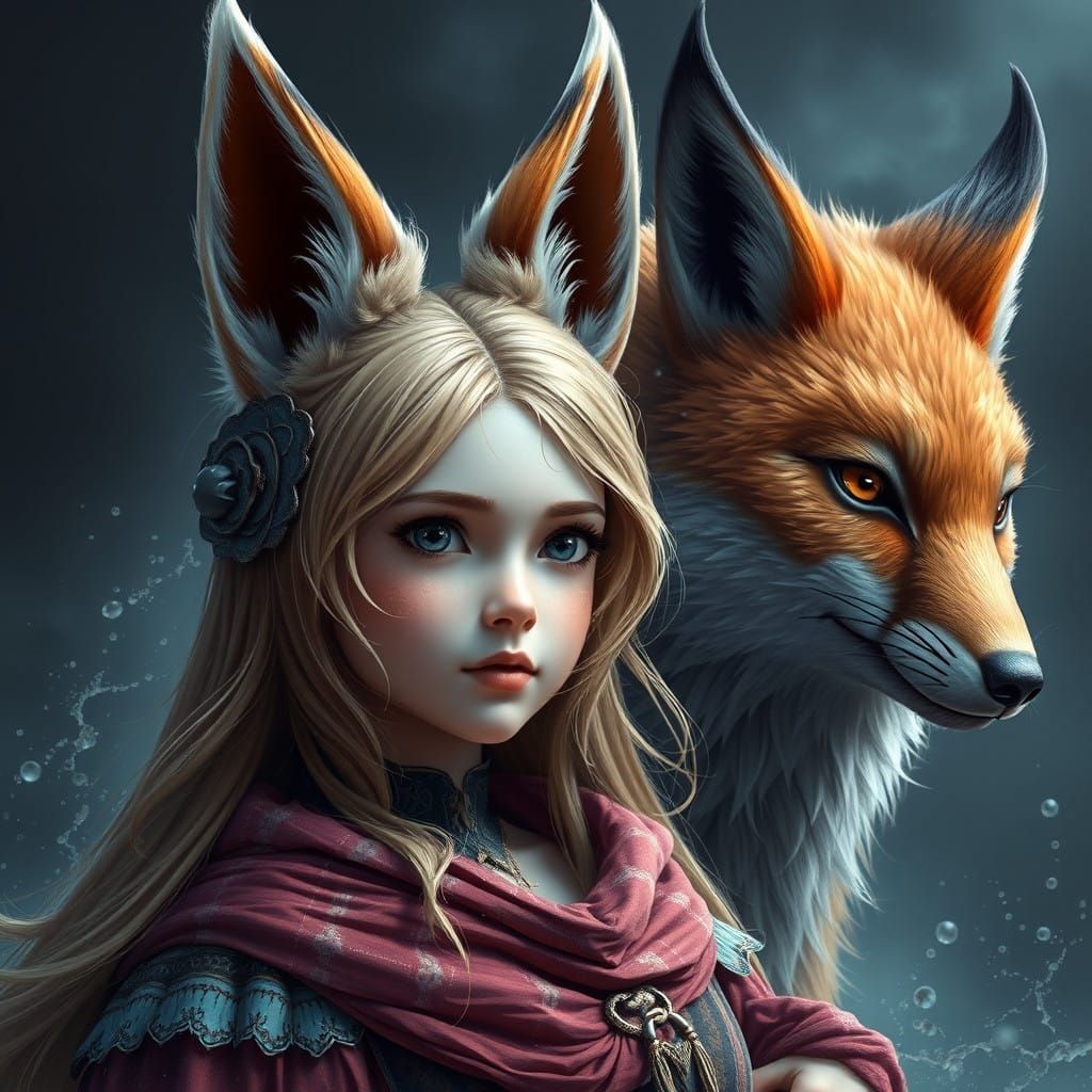 Girl with Fox Ears and Tail in Vibrant Fantasy Landscape