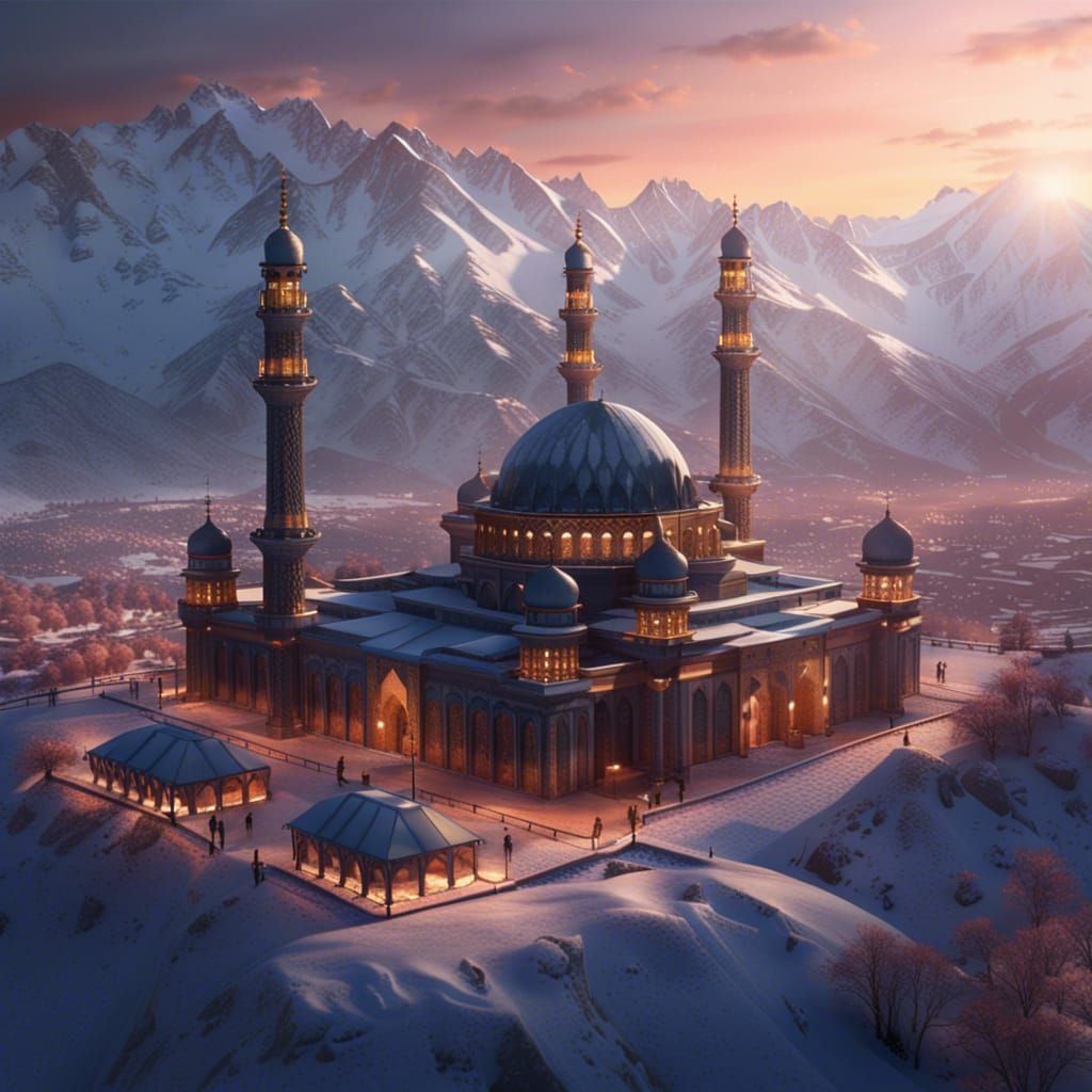 Majestic Mosque at Snowy Sunset: Hyperrealistic Aerial View