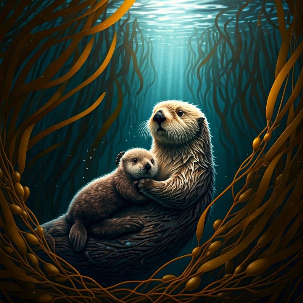 Sea Otter Mother and Cub in Kelp Forest, Realistic Underwate...