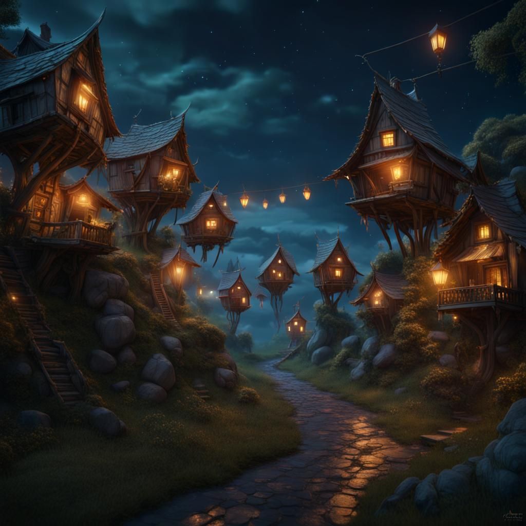 Flying Houses Village at Night: Fantasy Concept Art