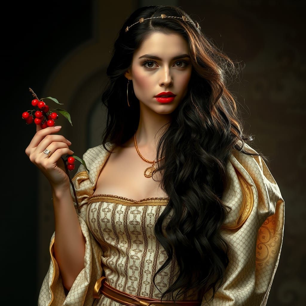 Medieval Brunhilde with Raven Hair and Golden Circlet