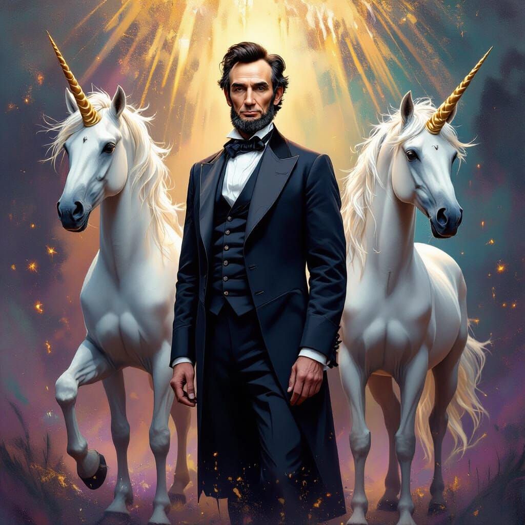 Abraham Lincoln with Majestic Unicorns, Hyperrealistic Splas...