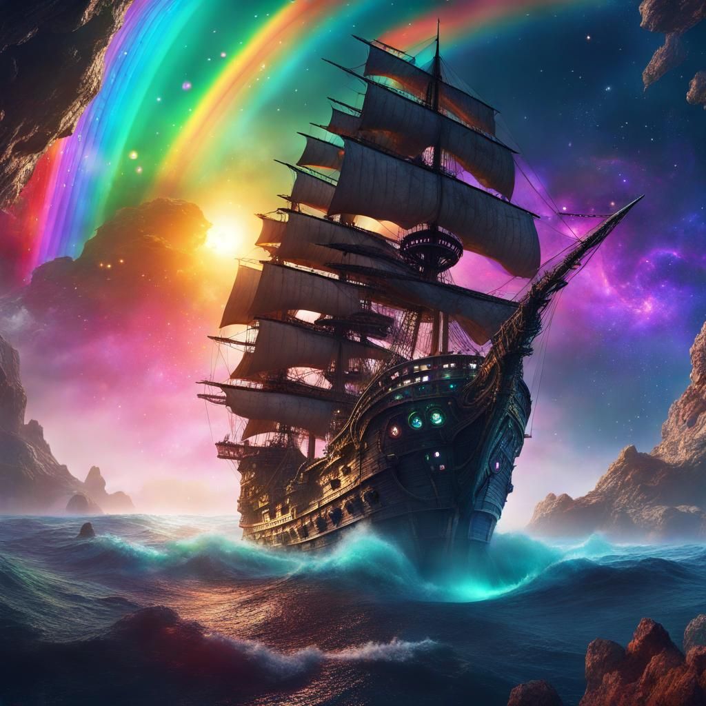Fantastical Pirate Ship Sailing Through Space