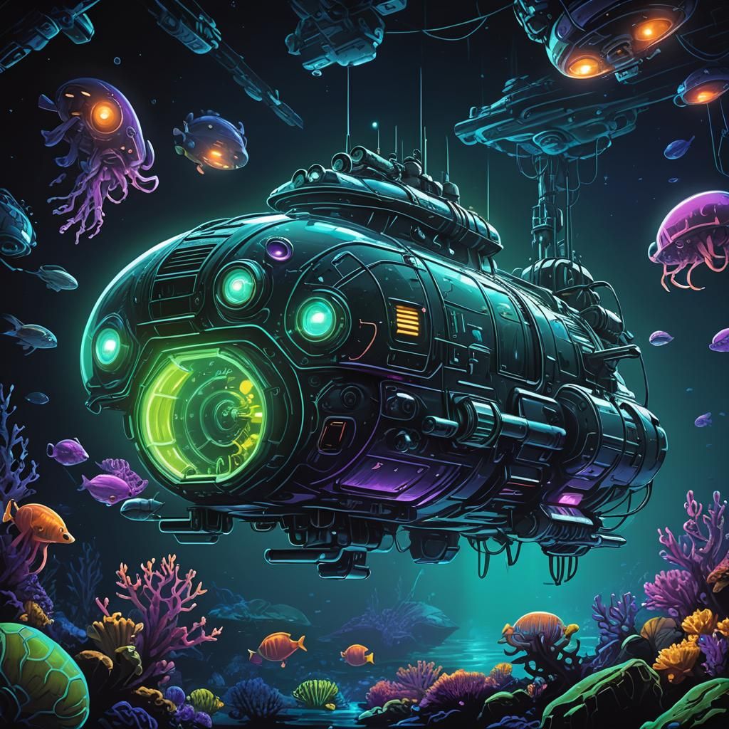 Bioluminescent Submersible in Dark Ocean Depths