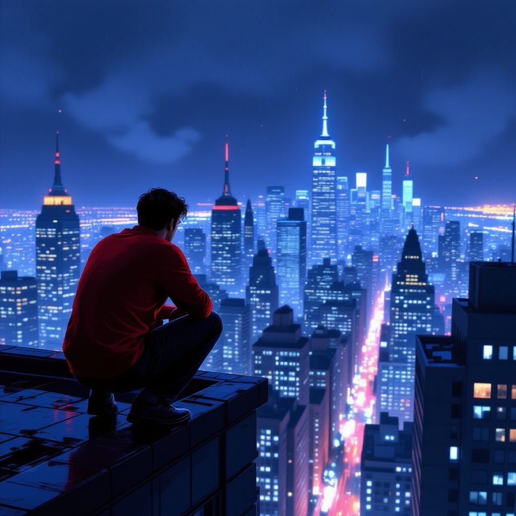 Man in Red Shirt Gazes at City Lights from High Rise