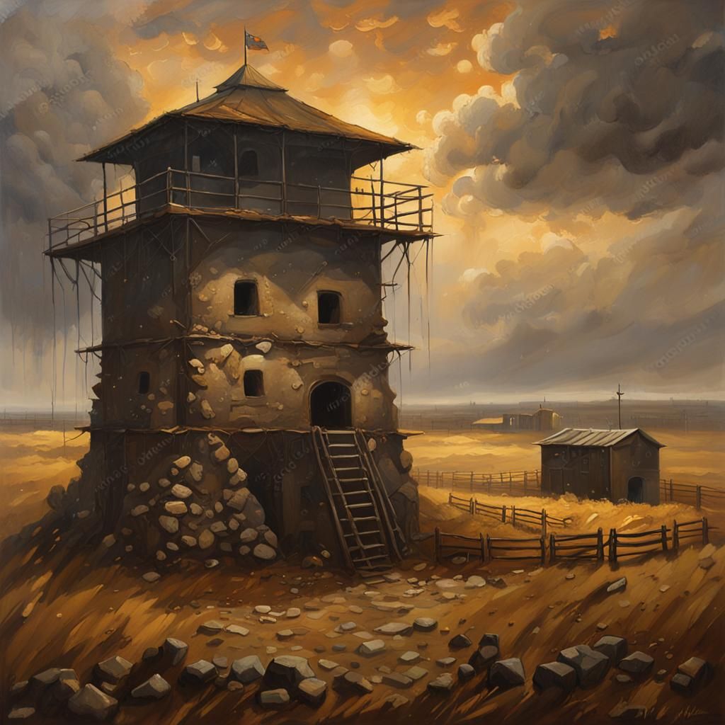 Dystopian Watchtower in Fantasy Landscape, Oil Painting