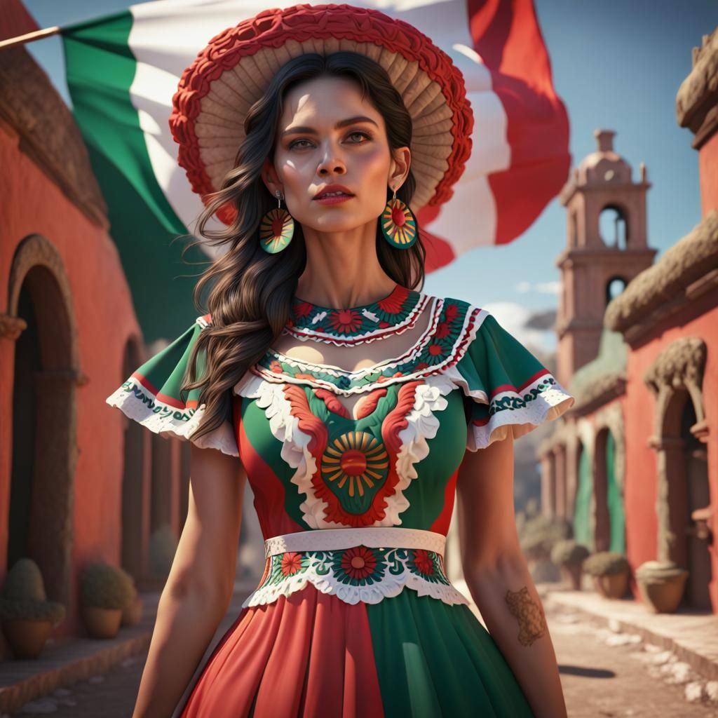 Mexican Woman's Flag Dress: Detailed Matte Painting