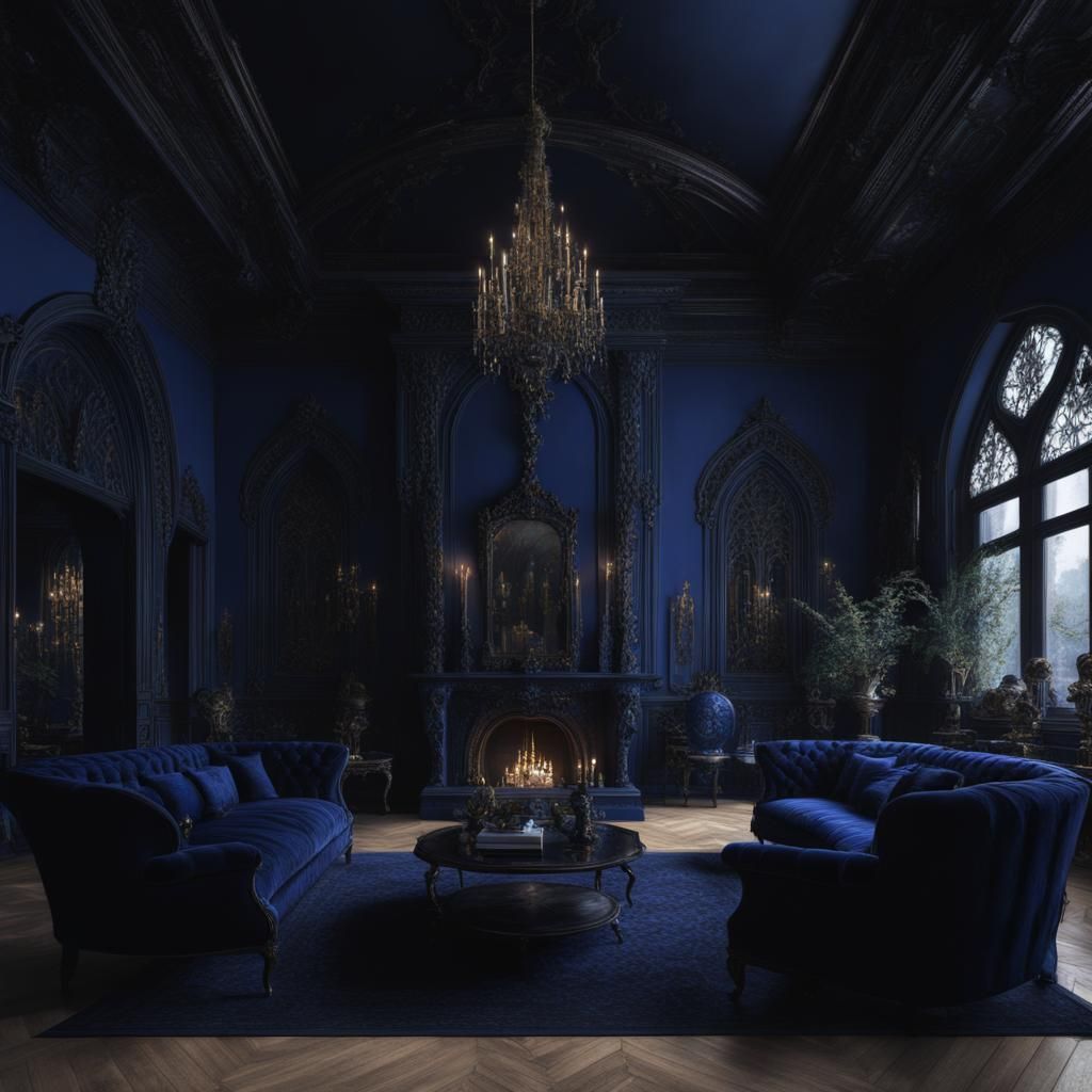 Elegant ethereal gothic living room with cobalt blue walls a...