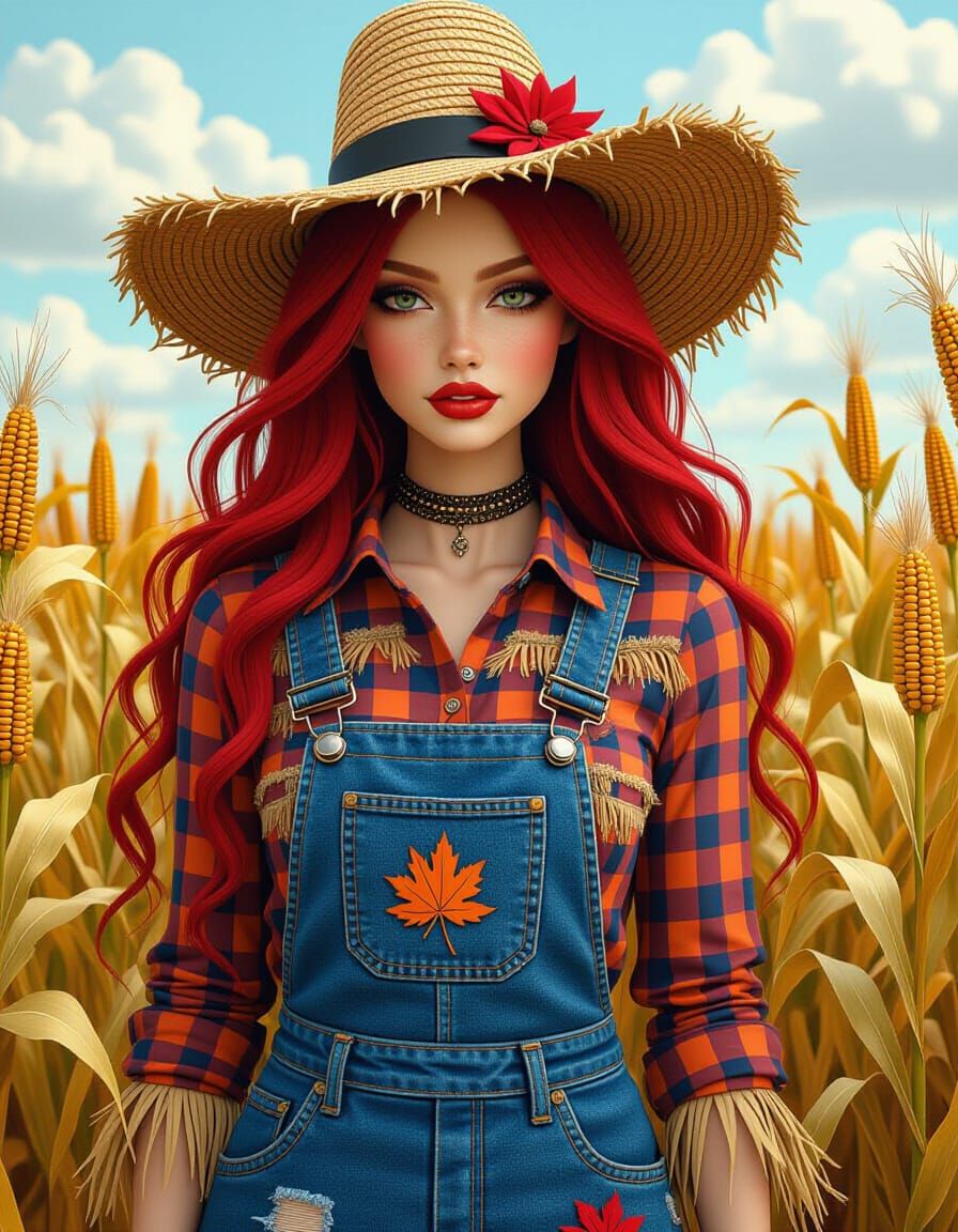 Sultry Spooky Scarecrow in Fall Cornfield 3D Crayon Art