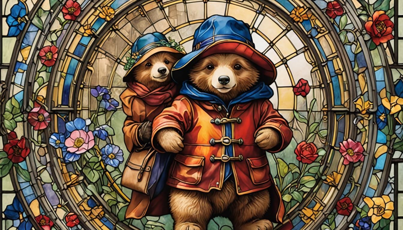 Stained Glass Paddington Bear in Watercolor Style
