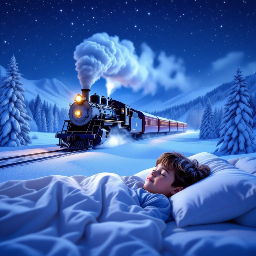 Boy's Dream: Snow Train in Starlit Winter
