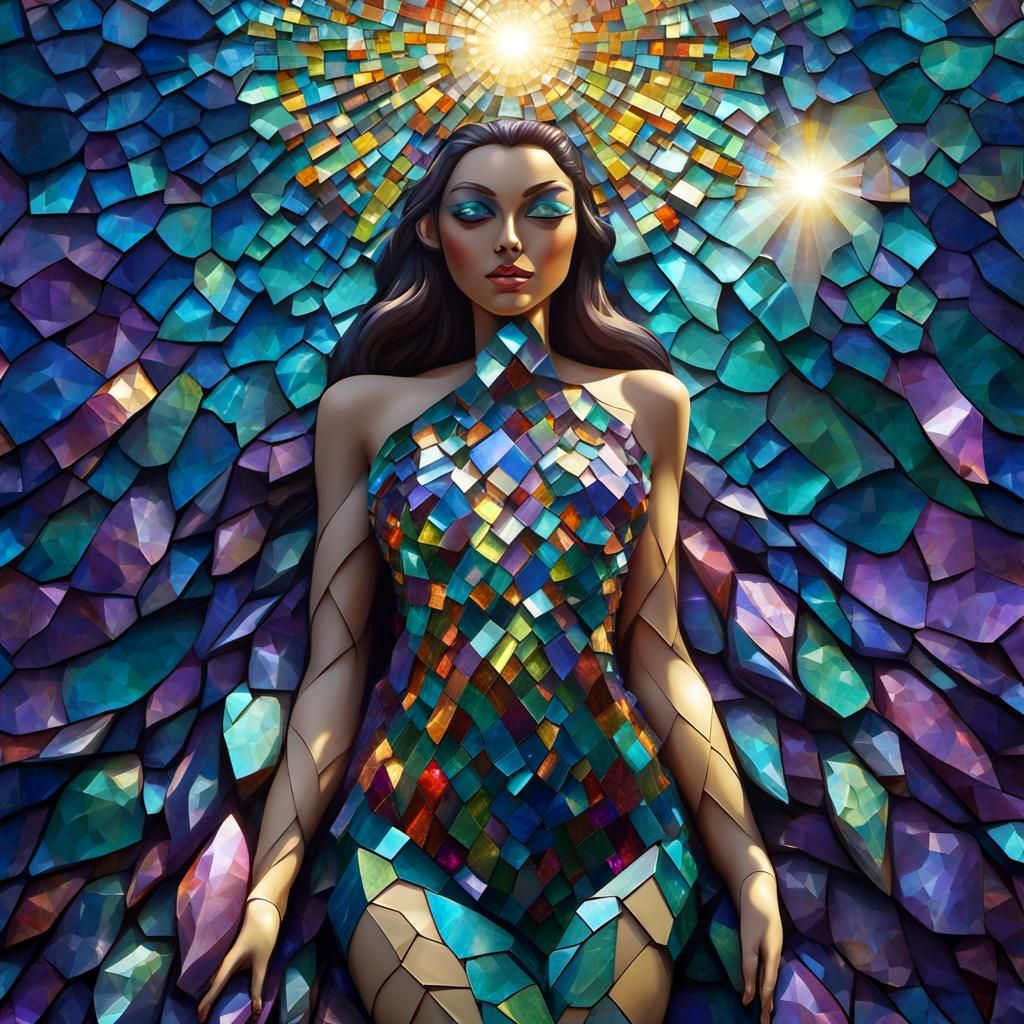 Iridescent Gemstone Mosaic Wall Art in Sunlight