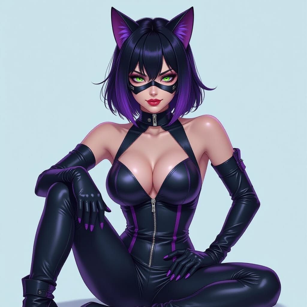 Cyberpunk Anime Woman in Leather Catsuit
