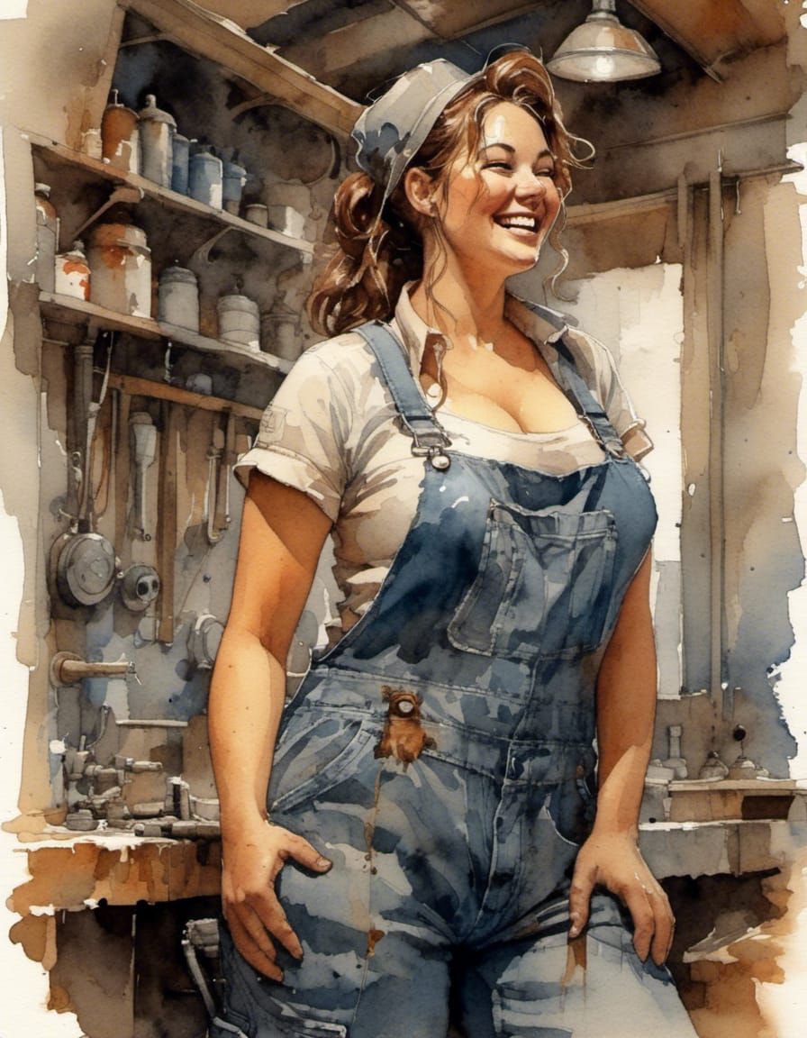 Gorgeous Mechanic in Overalls Laughing, Watercolor Illustrat...