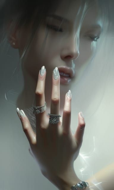 Elegant Wedding Manicure with Sparkling Jewels, Digital Art