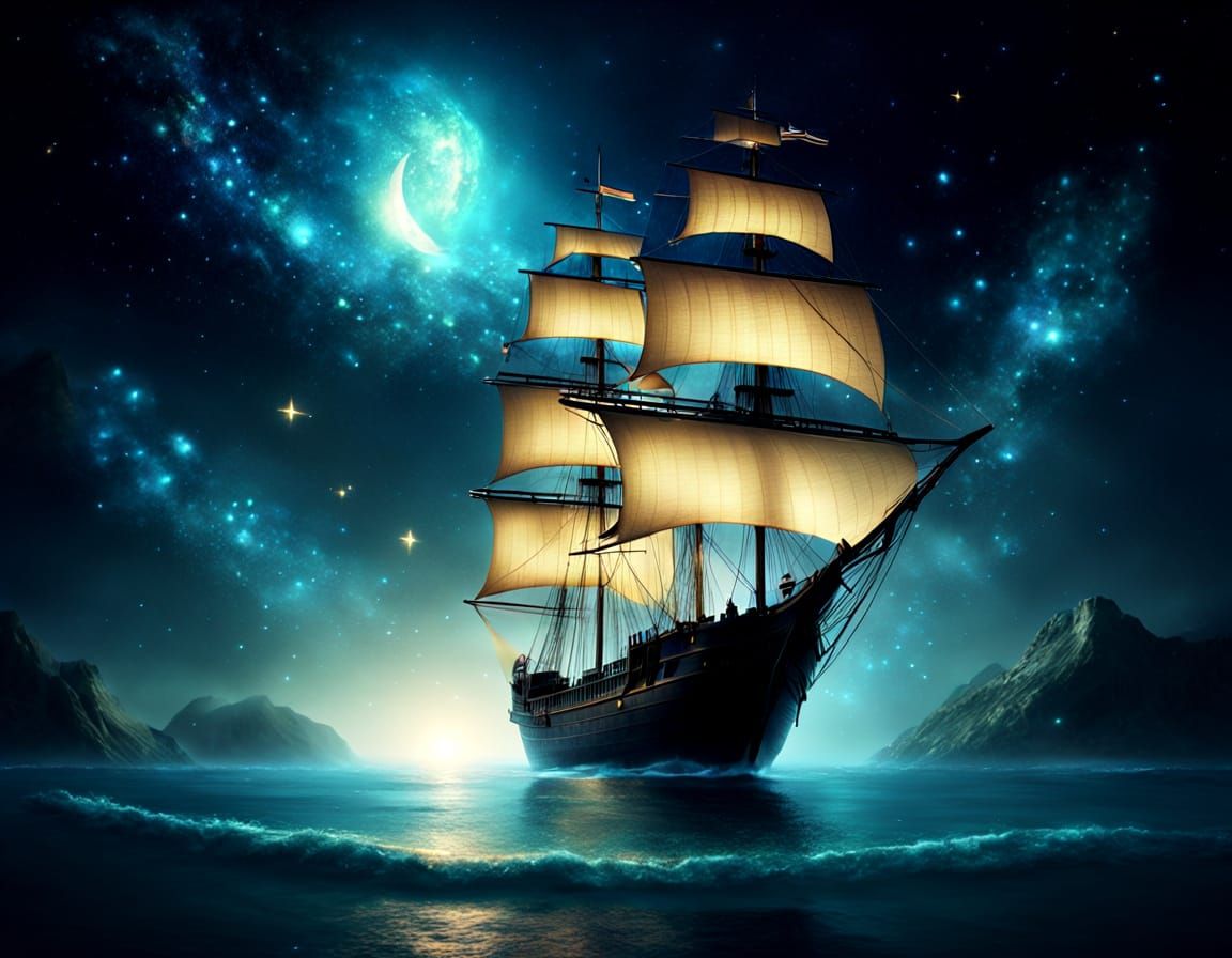 Majestic Ship Sailing Under Constellations