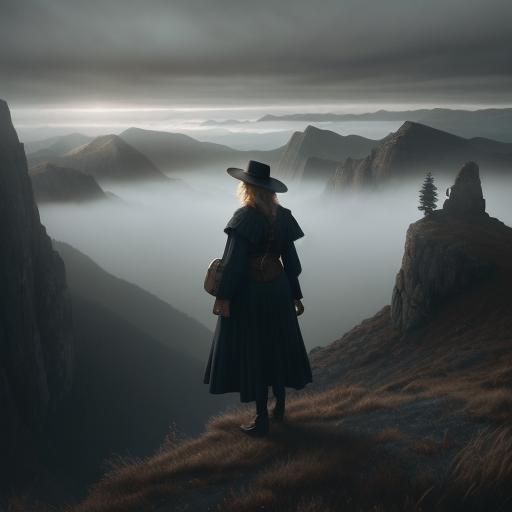 Woman Overlooking Misty Mountains in Vintage Style