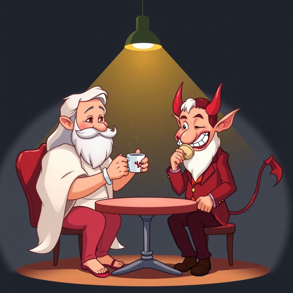 God and Devil Share Coffee in Cartoon Style