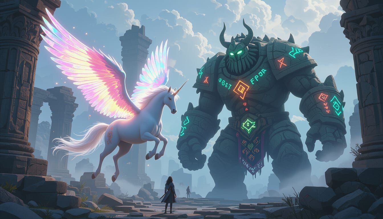 Pegasus and Golem in Ethereal Fantasy Landscape