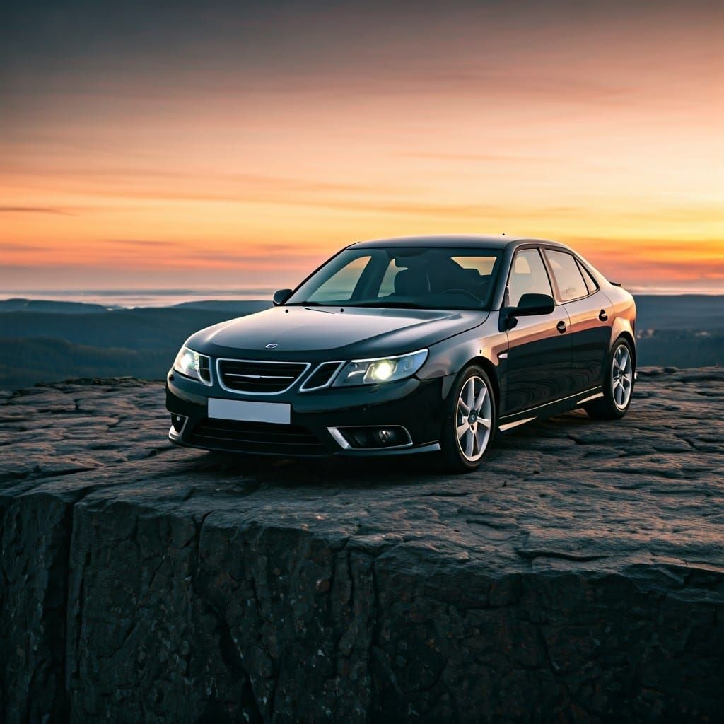 SAAB 9-5 Aero Silhouetted at Sunset in Moody Landscape