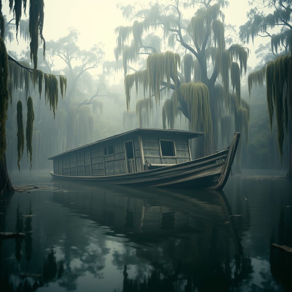 Weathered Cypress Houseboat in Louisiana Bayou