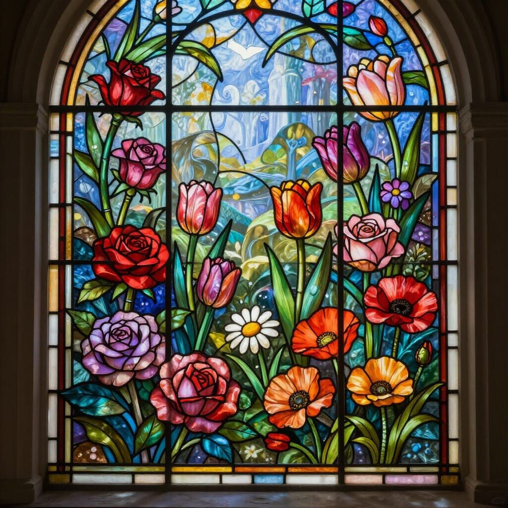Fantastical Stained Glass Flower Garden Art