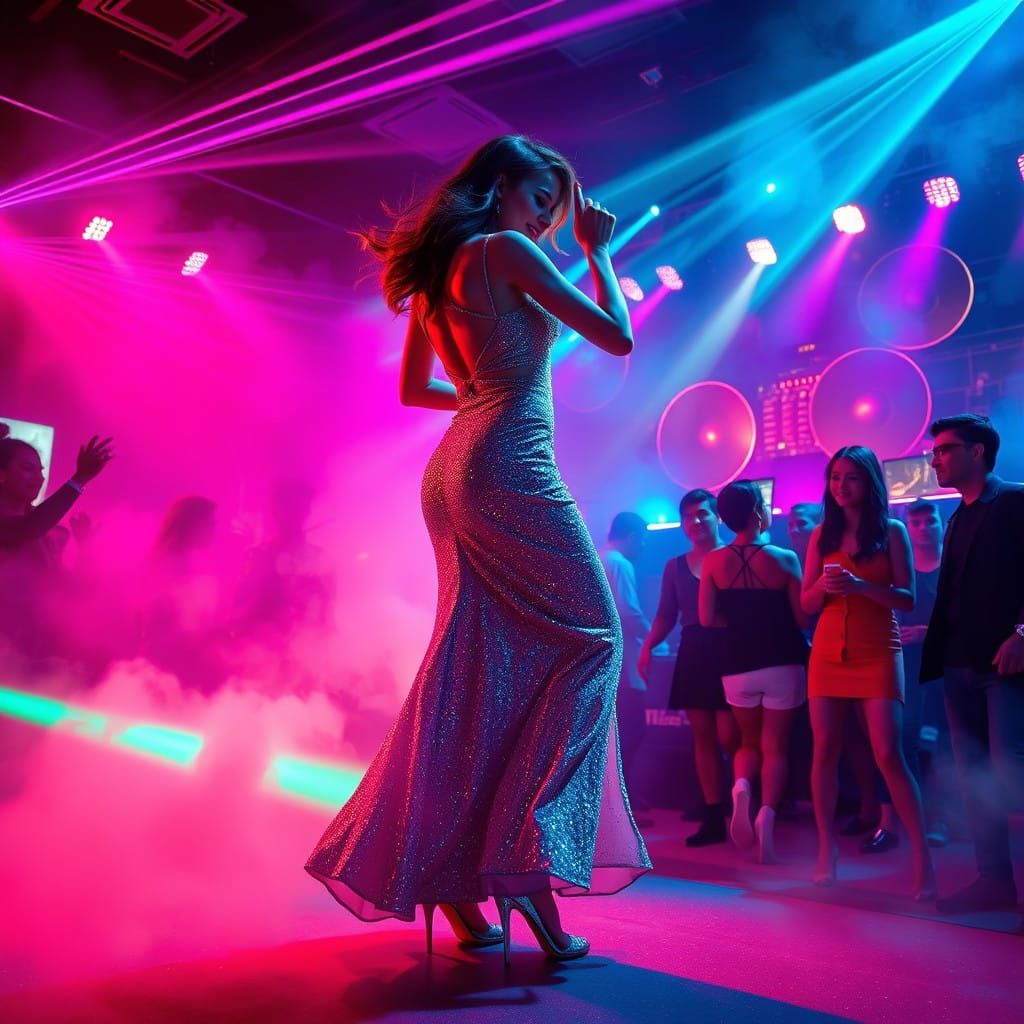 Glamorous Woman Dancing in a Vibrant Underground Nightclub