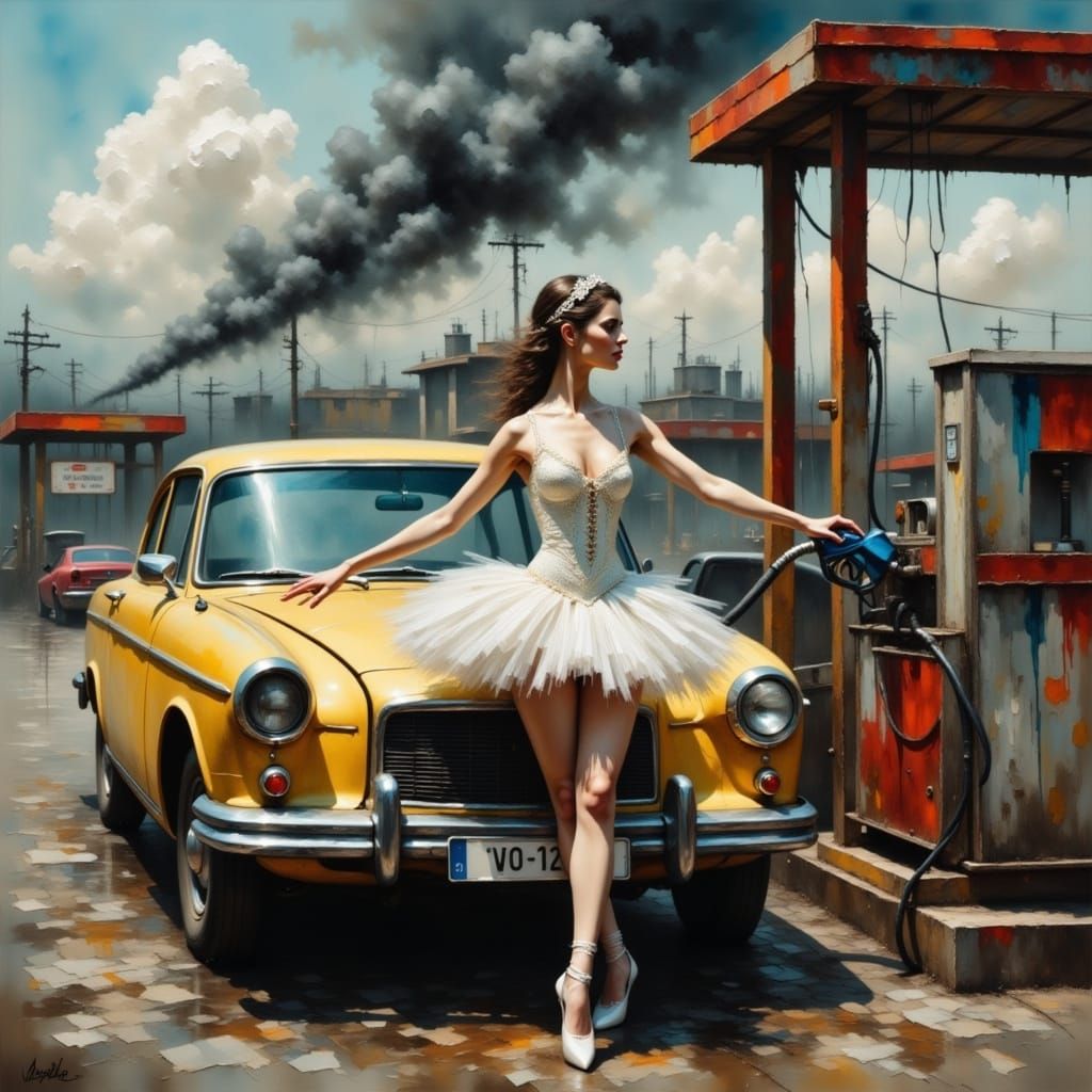 Ballerina at Gas Station: Contrasting Beauty and Industry
