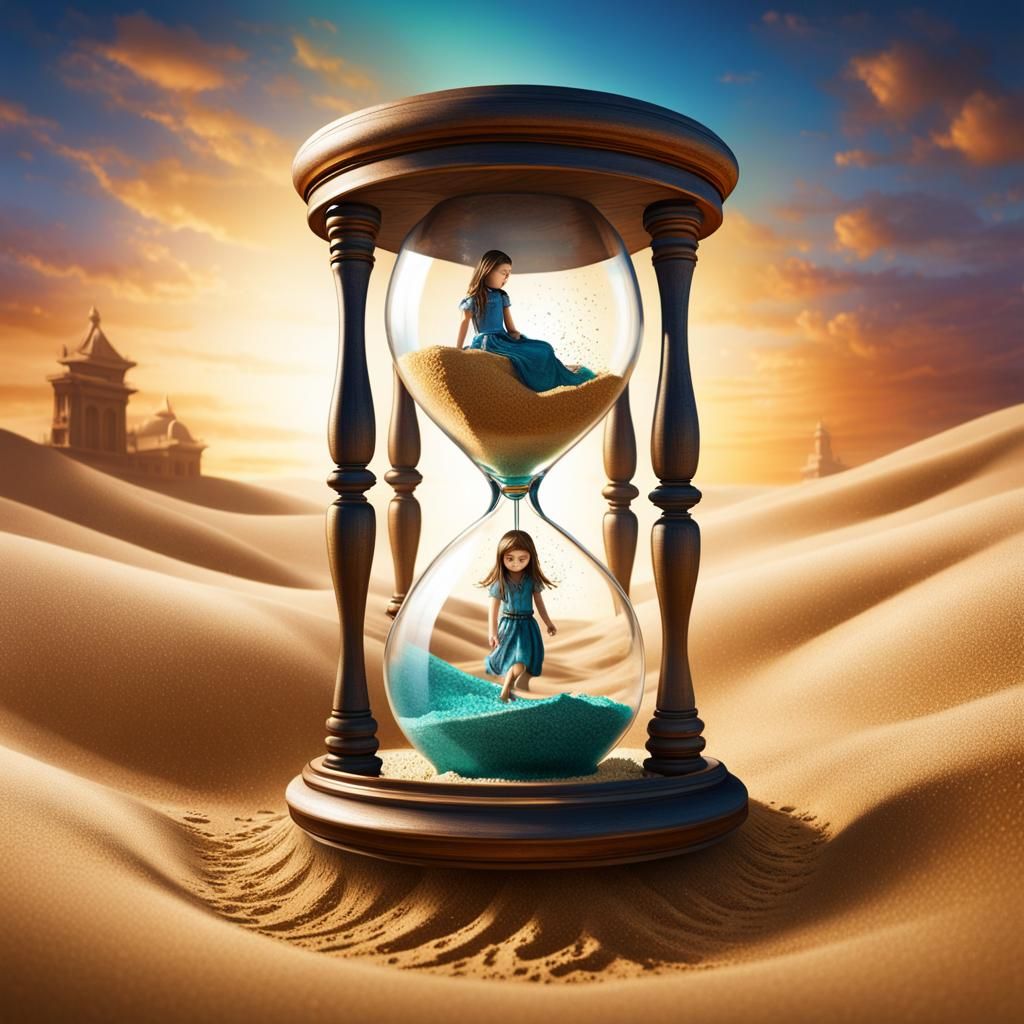 Girl Trapped in Hourglass with Flowing Sand