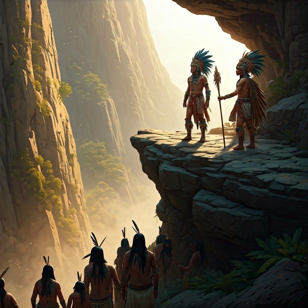 Mesoamerican Leaders Converse at Cliff Edge