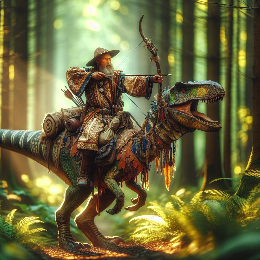 Celtic Archer Rides Raptor Through Dense Forest