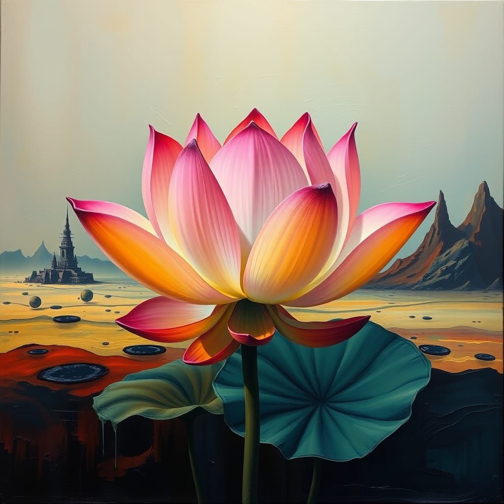 Surreal Lotus Blooms on Alien World in Oil on Canvas
