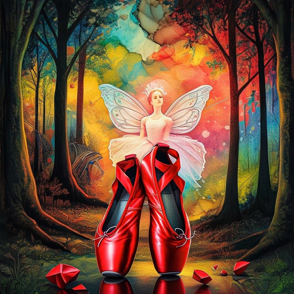 Cubist Ballet: Red Pointe Shoes in Geometric Forest