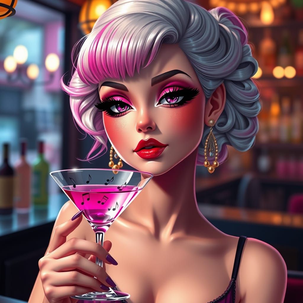 Elegant Chibi Woman with Magenta Makeup in Art Deco Bar