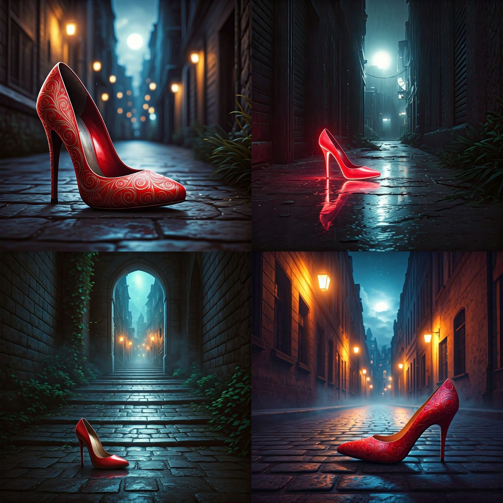 Red High Heel Shoe in Dark Alley: Matte Painting
