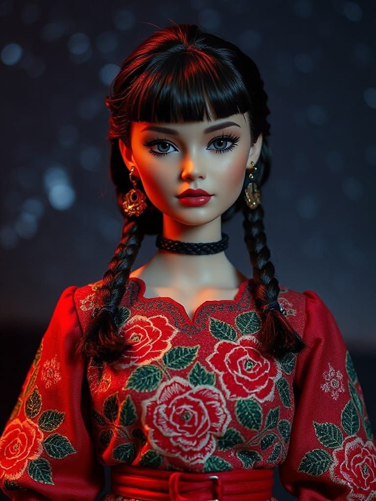Russian Barbie Doll in Red Dress with Roses