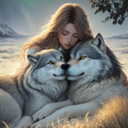 Wolf and Woman Under Aurora, in Oil Painting Style