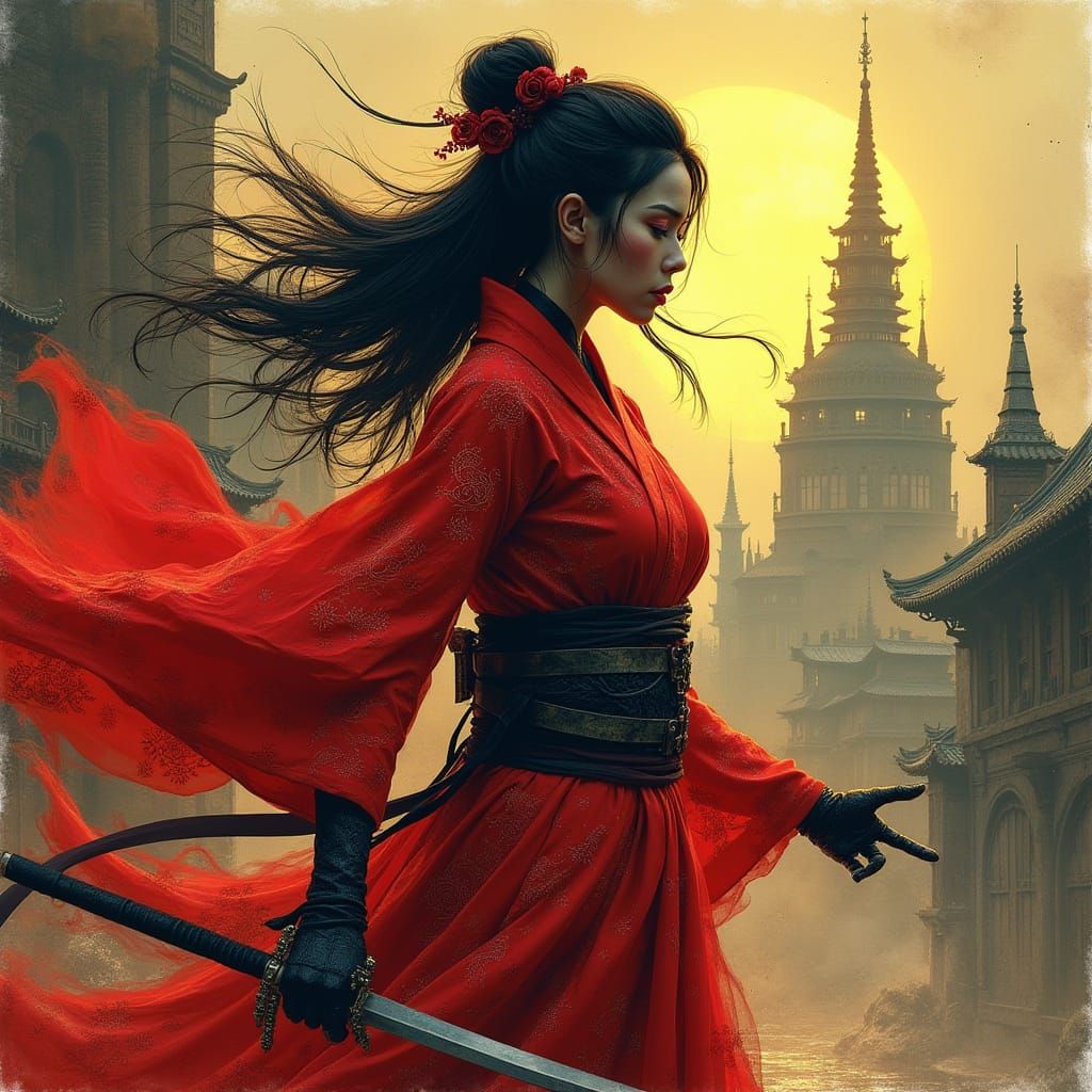 Red Ninja Geisha in Dystopian Cityscape