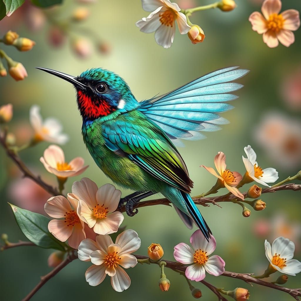 Vibrant Hummingbird in Exotic Bloom Background